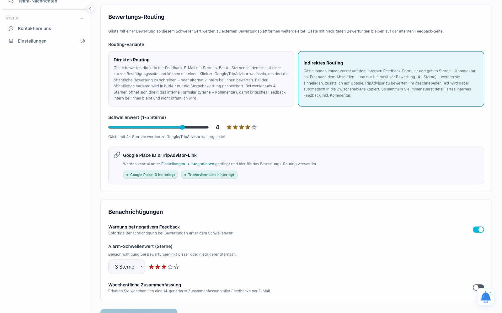 Einstellungen für das Bewertungs-Routing im butlAIr-Portal mit Schwellenwert und Benachrichtigungen