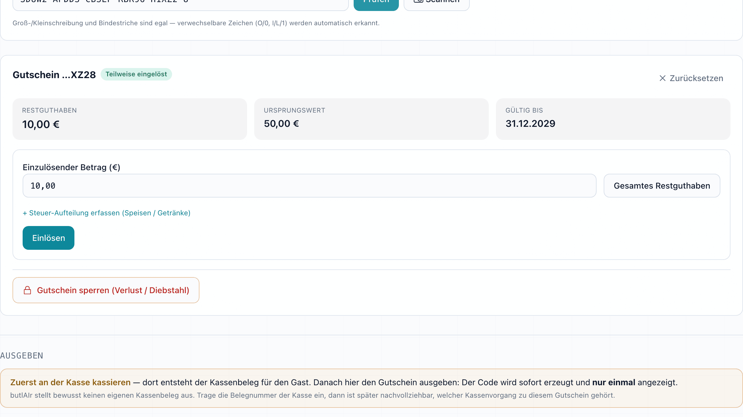 Ein teilweise eingelöster Gutschein im Portal: Restguthaben 10,00 € neben dem Ursprungswert 50,00 €, darunter das Feld für einen weiteren Einlösebetrag