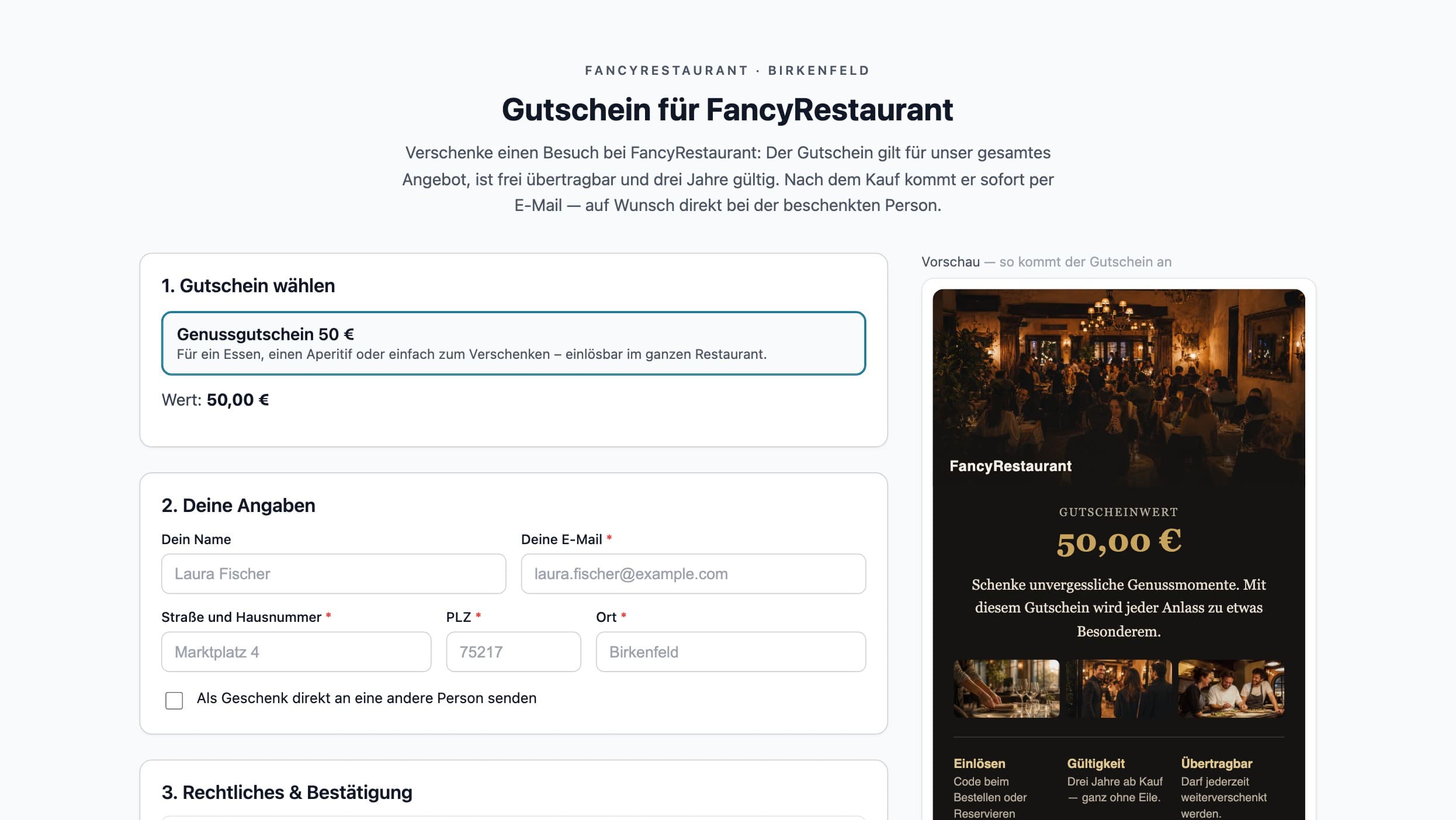 Die öffentliche Verkaufsseite für FancyRestaurant: Kopfzeile mit Restaurantname, die Kaufoption „Genussgutschein 50 €" und rechts die Live-Vorschau des gestalteten Gutscheins mit Foto, Wert und Einlöse-Hinweisen