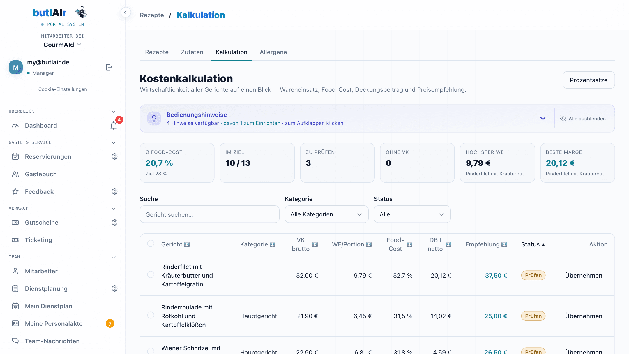 Die Kostenkalkulation aller Gerichte: Kennzahlen oben, darunter die Tabelle mit Verkaufspreis, Wareneinsatz, Food-Cost, Deckungsbeitrag, Empfehlung und Status
