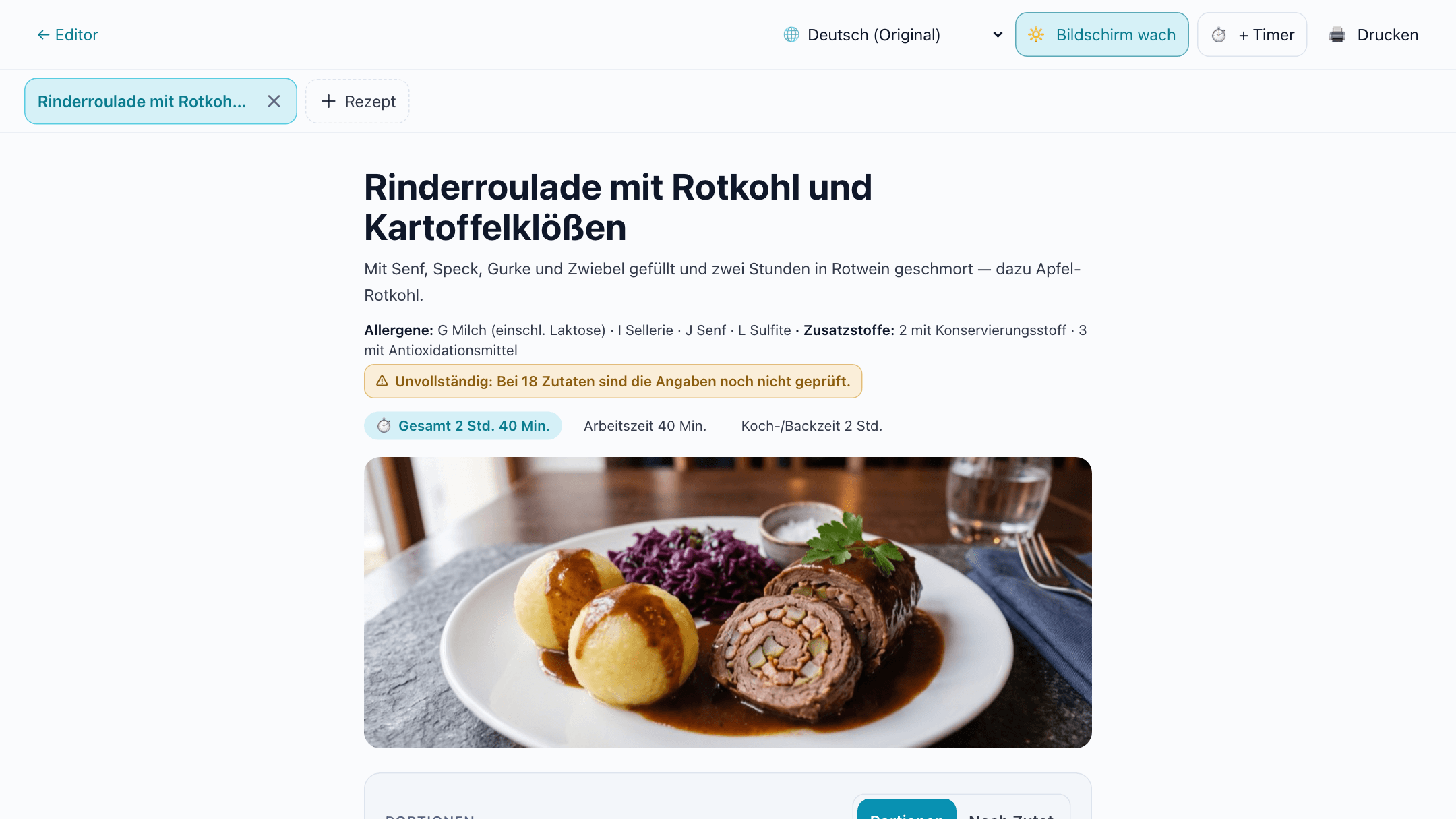 Der Küchen-Modus im Vollbild: große Überschrift mit Foto, Timer, Portionswahl und Hochrechnen „Nach Zutat“, ohne jede Preisangabe