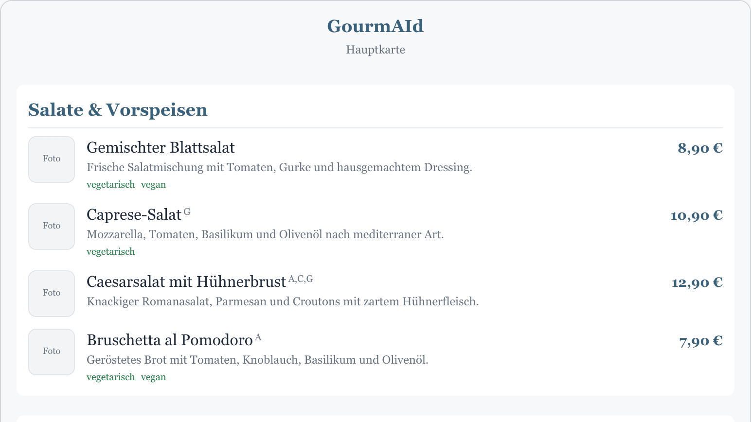 Die Online-Karte in der Gäste-Ansicht: Kategorie „Salate & Vorspeisen“ mit Gerichten, Preisen, Allergen-Kürzeln und Kennzeichnungen wie vegetarisch und vegan