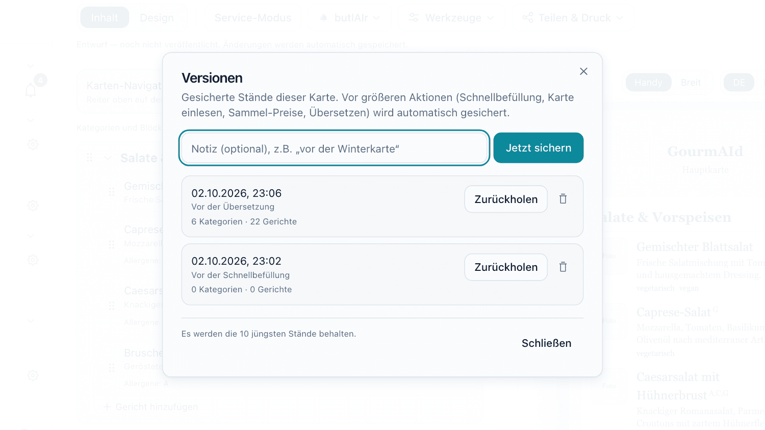 Der Versionen-Dialog mit den gesicherten Ständen „Vor der Übersetzung“ und „Vor der Schnellbefüllung“ und dem Hinweis, dass die zehn jüngsten Stände behalten werden