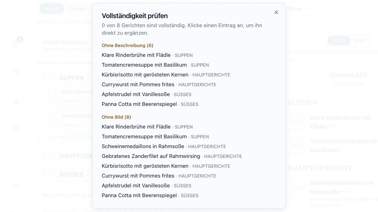 Der Vollständigkeits-Check: „0 von 8 Gerichten sind vollständig“ mit den Listen der Gerichte ohne Beschreibung und ohne Bild