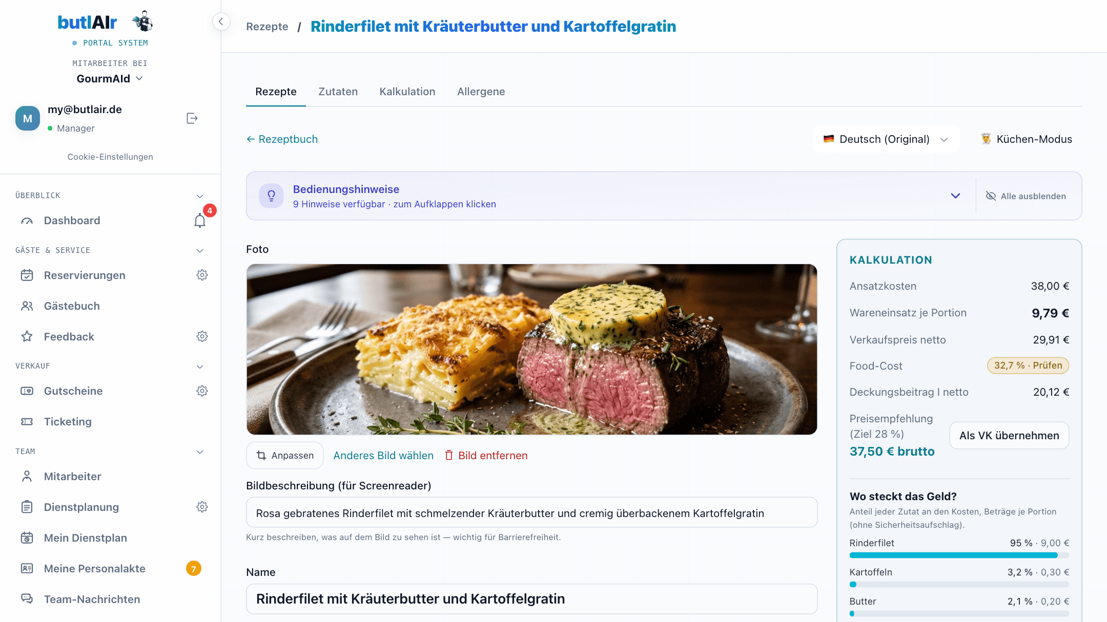 Der Rezept-Editor mit Foto und Kalkulation: Wareneinsatz je Portion, Food-Cost in Prozent und die Kostenbalken „Wo steckt das Geld?“